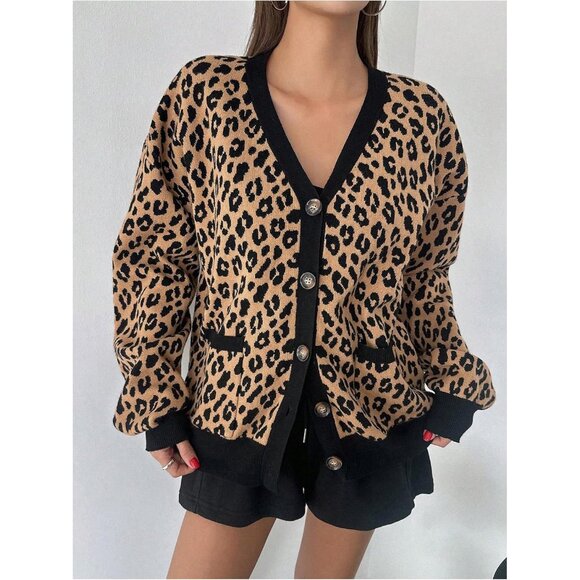 Women's Leopard Print Cardigan Long Sleeve V Neck Loose Sweater Outerwear - Picture 4 of 6